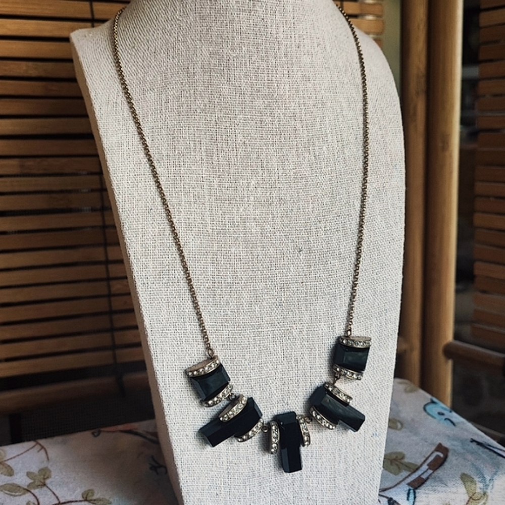 J. Crew Art Deco Jet Black Lucite Acrylic Oxidized Brass Tone Statement Necklace
